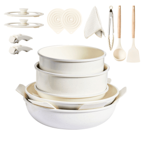 17-Piece Cookware Set, 5 Pots and 2 Lids, Removable Handles, Non-Stick Aluminum Pots and Pans, Microwave & Oven Safe, Dishwasher Safe, Cream Whit