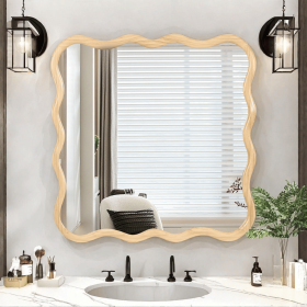 Solid Wood Wavy Square Mirror-Natural Wood 36" x 36" Modern Mirror Wall Decor for Bathroom, Bedroom, Living Room, Dining Room, Cloakroom, Entrywa