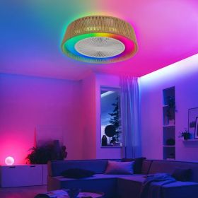 21" Modern Rustic Ceiling Fan Light with LED RGB Mood Lighting, Rope Woven Design, Quiet Fan, Semi Flush Mount for Bedroom, Living Room