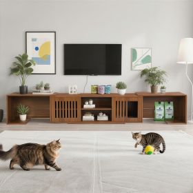 Mid-Century Modern 54.3 Extendable TV Stand Up To  With Cat House  Litter Box Enclosure  Walnut Wood Entertainment Center, Sliding Doors, Hidden (Option: Walnut)