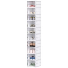 Stackable Plastic Shoe Boxes, 10 Pack Foldable Shoe Storage Boxes With Clear Door, No Assembly, Fit Size 10, White (Option: White)