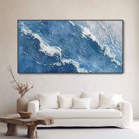 Hand Painted Original Blue Sea White Wave Oil Painting Hand Modern Abstract Texture Art Minimalist Seascape Customizable Living Room Wall Decor H (style: 01, size: 120x240cm)