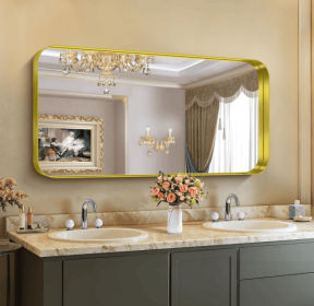 This tempered glass bathroom mirror with anti-fog and anti-break features offers a rectangular frame for wall-mounted use. Featuring a metal fram (AAR5676J22"x30": AAR5676J22"x30")