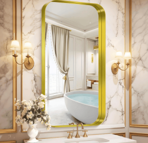 This tempered glass bathroom mirror with anti-fog and anti-break features offers a rectangular frame for wall-mounted use. Featuring a metal fram (AAR5676J22"x30": AAR6080J24"x32")
