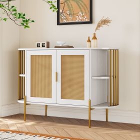 2-Door Elegant Curved Dining Cabinet with Gold Trim and Woven Rattan Doors for Dining Room (Color: White, Material: Particle Board)