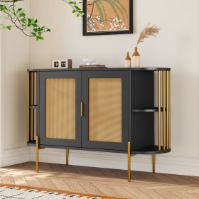 2-Door Elegant Curved Dining Cabinet with Gold Trim and Woven Rattan Doors for Dining Room (Color: Black, Material: Particle Board)
