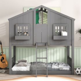 Twin over Twin House Bunk Bed with Roof , Window, Window Box, Door , with Safety Guardrails and Ladder (Color: Grey)