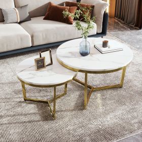 Modern Round Nesting Coffee Table Set 2-Piece White & Marbling Top Gold Base (Color: White, Material: MDF)