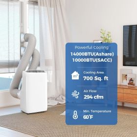 14000 BTU Portable Air Conditioner, Inverter & Dual Hose AC Unit W Cool, Dehumidifier, Fan, For 700 Sq. Ft, Window Kit (Option: White)
